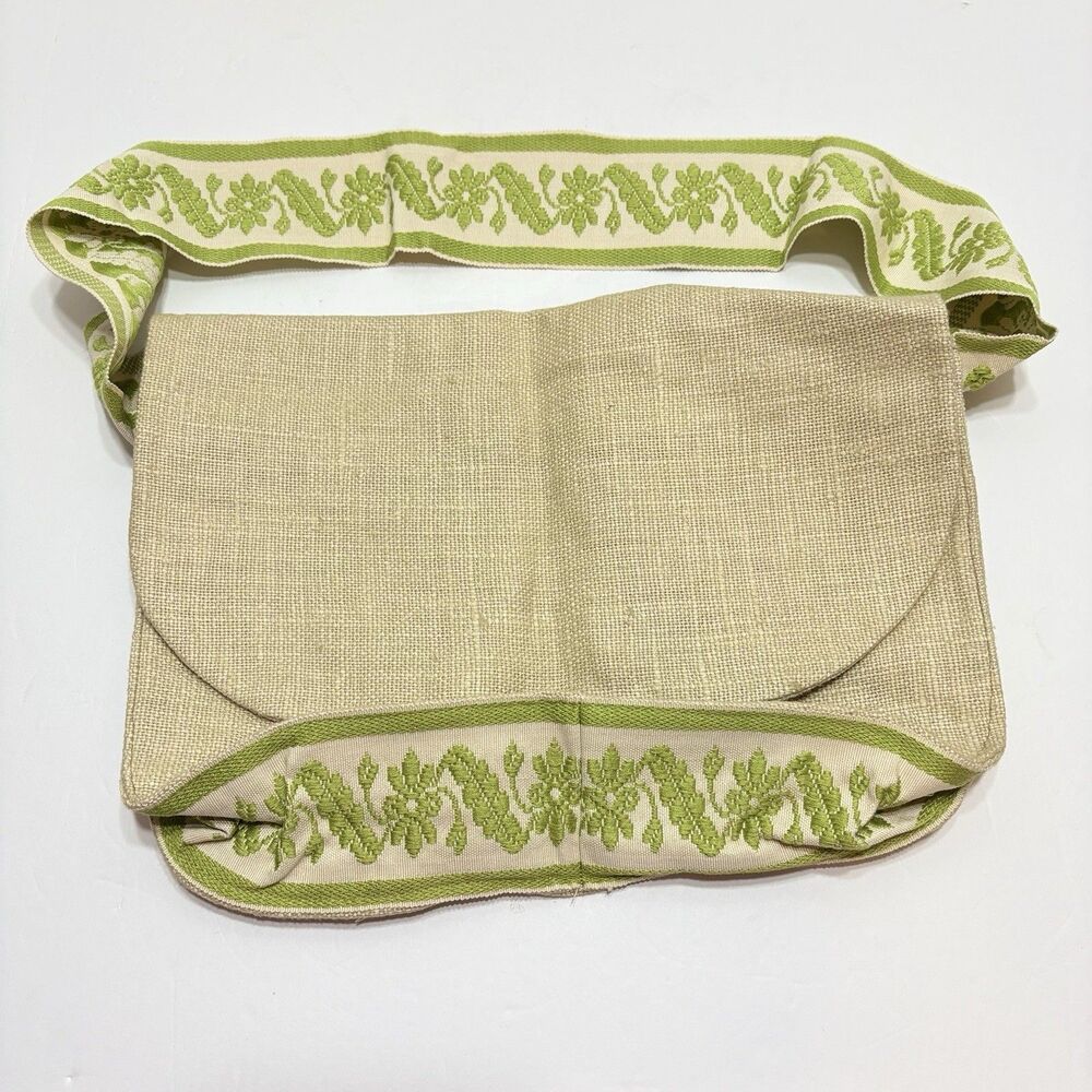 Vintage Romaine Wilson Custom Made Linen Shoulder Bag Green Floral Jacquard Trim